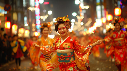 Women in Traditional Kimono at Night Festival