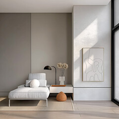 Aesthetic minimalist room interior design. Mockup picture frames. Mock up poster on the walls. Copy space. Clean luxury apartment for decoration. Neutral colors. Modern style.