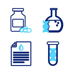 Set line DNA research, search, Clipboard with blood test, and Medicine bottle and pills icon. Vector