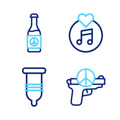 Set line No war, Condom, Vinyl disk and Beer bottle icon. Vector