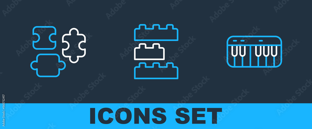 Poster set line music synthesizer, puzzle pieces toy and toy building block bricks icon. vector