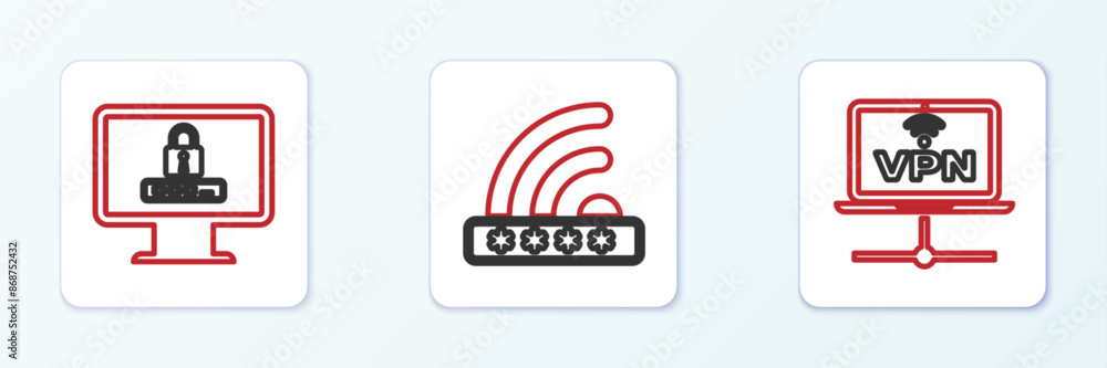 Poster set line vpn computer network, monitor with password and wifi locked icon. vector