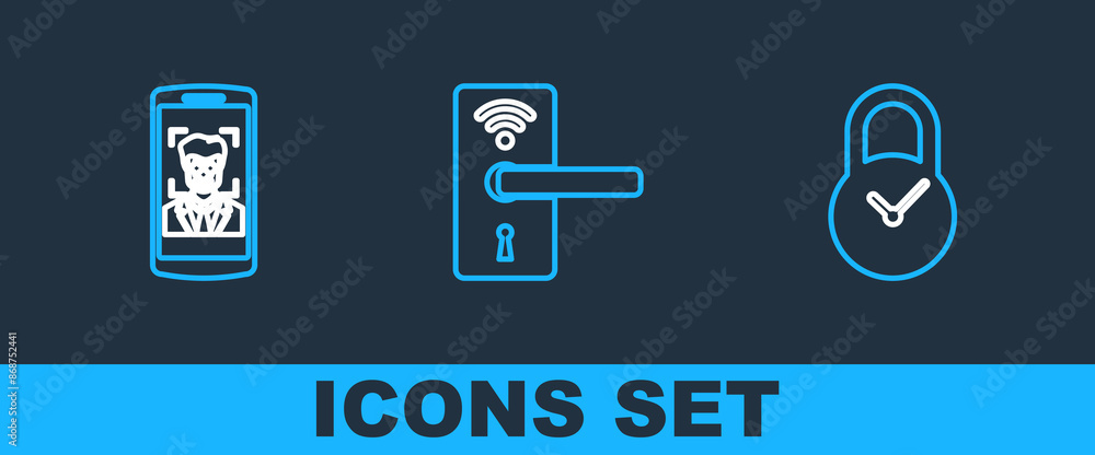 Poster set line padlock with clock, mobile and face recognition and digital door wireless icon. vector