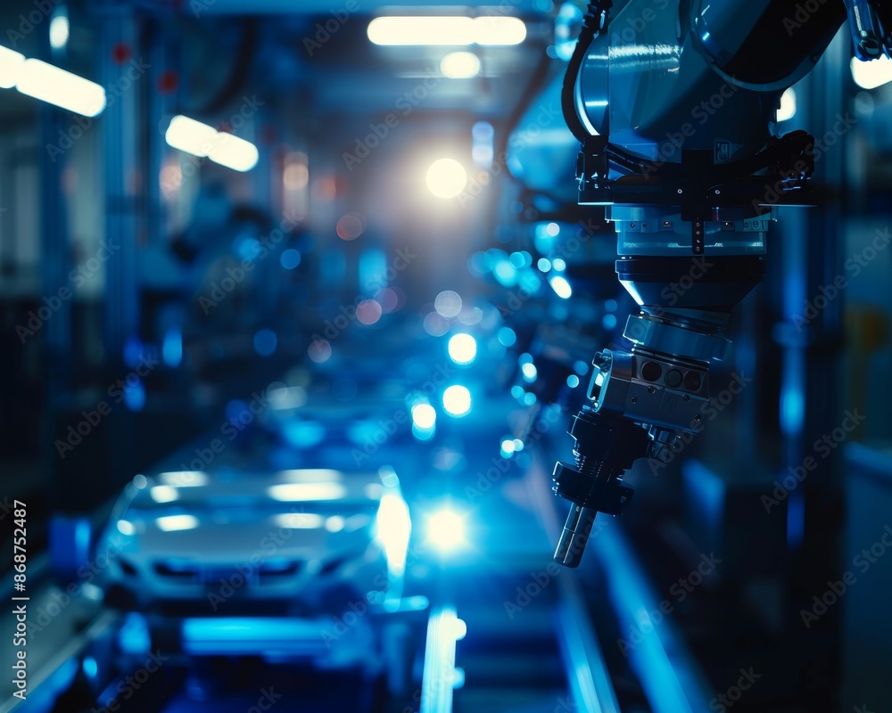 Poster advanced robotic arms in automotive manufacturing showcase precision in futuristic factory setting