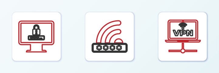 Set line VPN Computer network, Monitor with password and Wifi locked icon. Vector