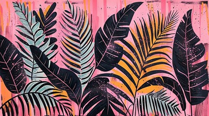   A painting depicts various shades of green leaves against a pink and blue canvas, accented by a pink-yellow stripe