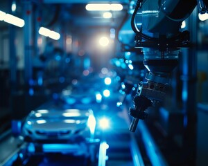 Obraz premium Advanced robotic arms in automotive manufacturing showcase precision in futuristic factory setting