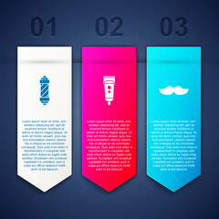 Set Classic Barber shop pole, Electrical hair clipper or shaver and Mustache. Business infographic template. Vector