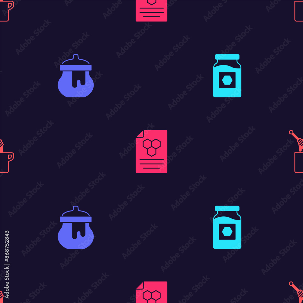 Poster set jar of honey, , honeycomb and dipper stick with on seamless pattern. vector