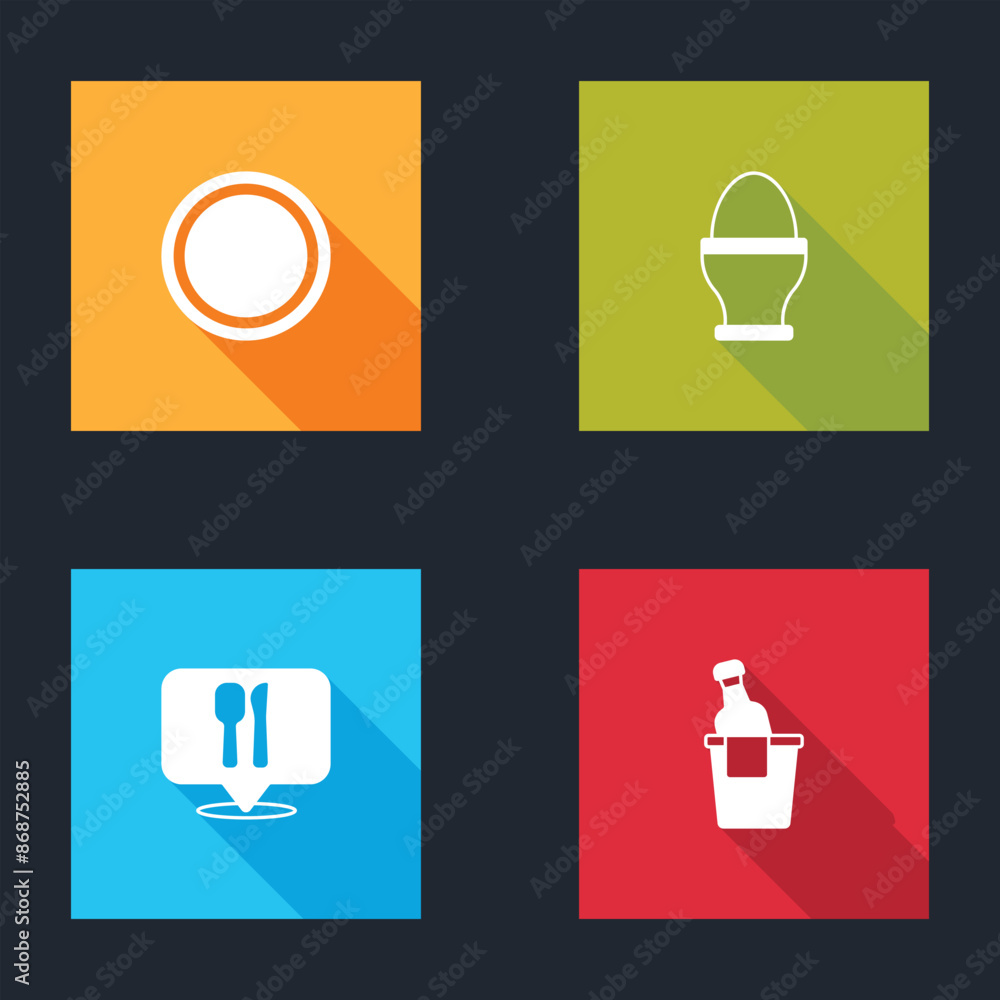 Sticker Set Plate, Chicken egg on stand, Cafe restaurant location and Champagne in ice bucket icon. Vector