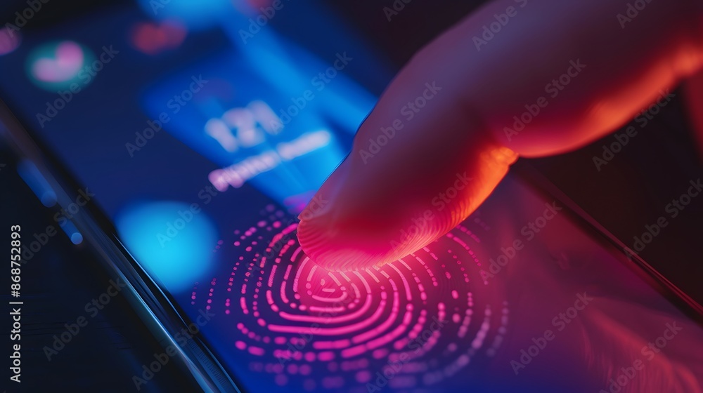 Poster a close-up shot of a finger unlocking a smartphone with a fingerprint scanner, with a secure login s