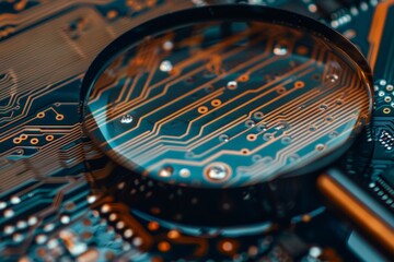 Obraz premium Detailed examination computer microchips close up under magnifying glass with text space