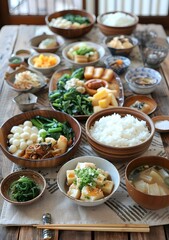 Japanese Cuisine Dishes With Green Vegetables and Tofu