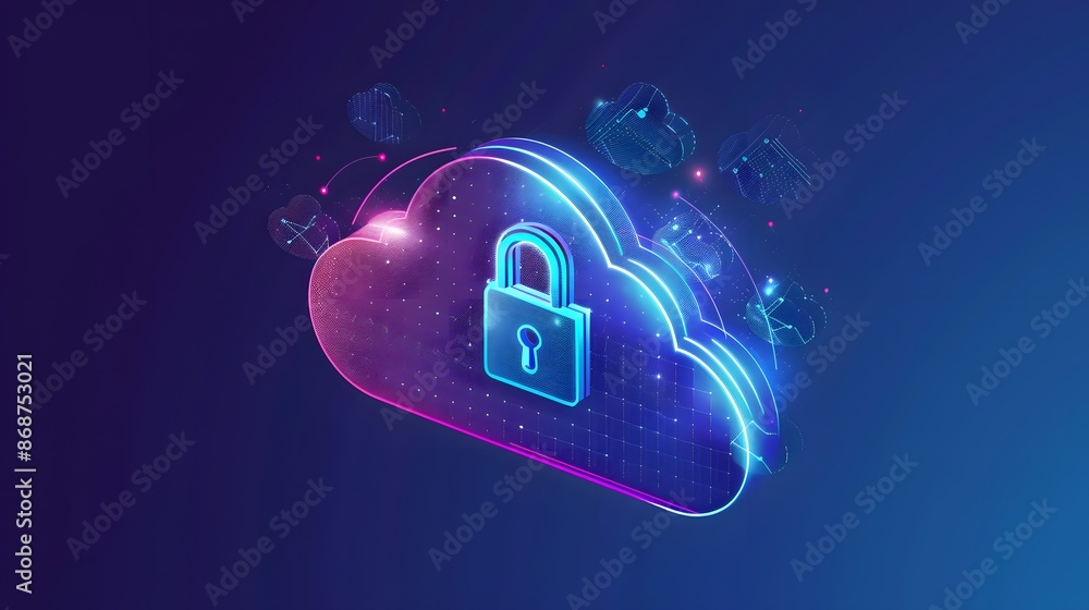 Poster a cloud storage logo with encrypted data flowing around it, symbolizing secure online data storage