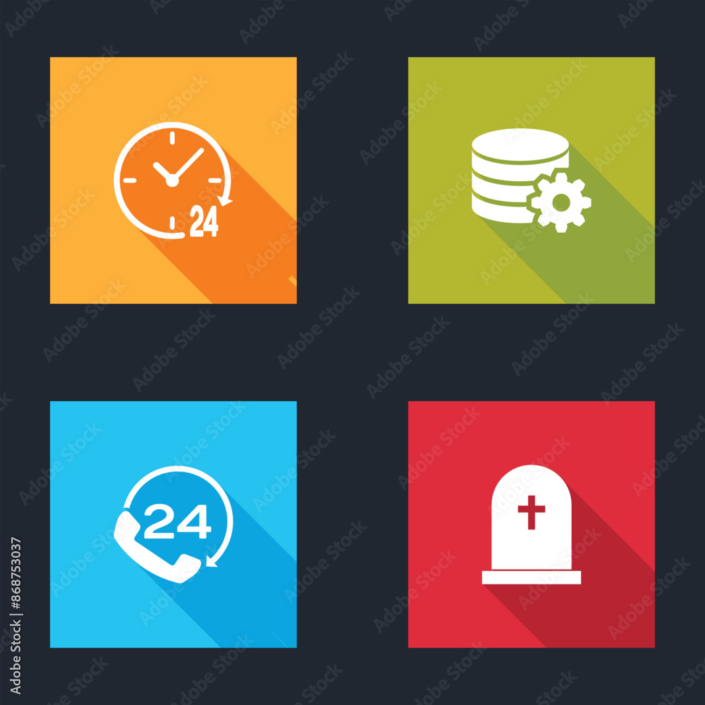 Poster set clock 24 hours, setting database server, telephone support and tombstone with cross icon. vector