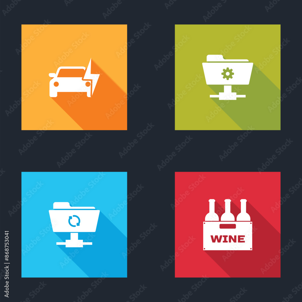 Poster set electric car, ftp settings folder, sync refresh and bottles of wine box icon. vector