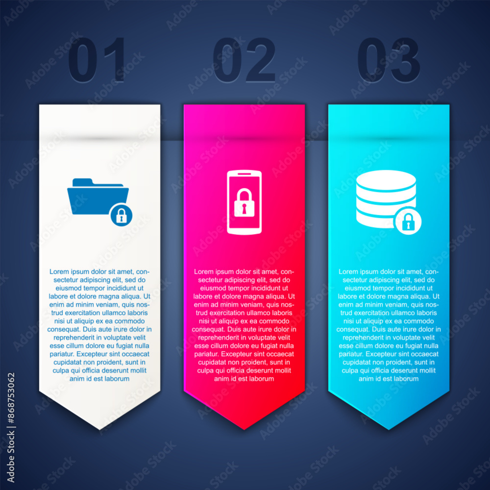 Poster set folder and lock, smartphone with and server security. business infographic template. vector