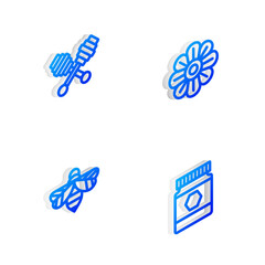 Set Isometric line Flower, Honey dipper stick, Bee and Jar of honey icon. Vector