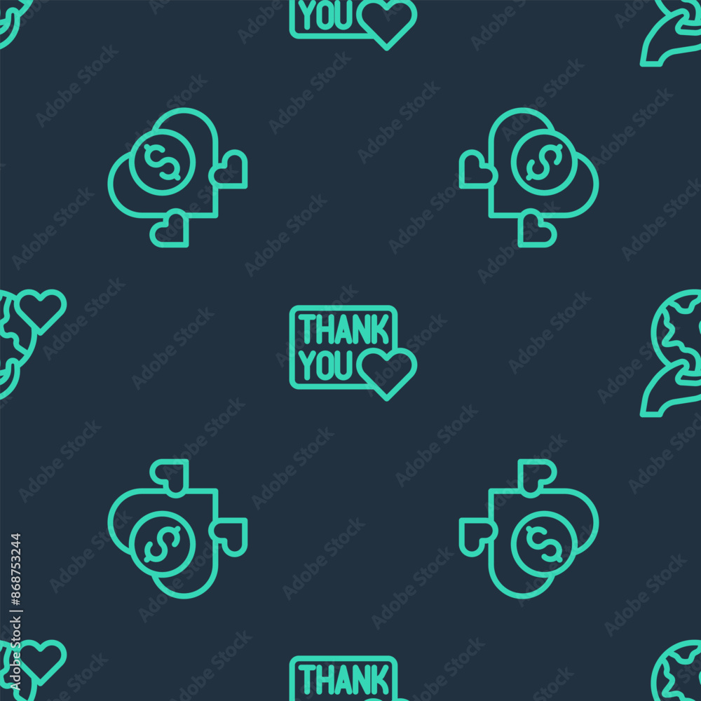 Sticker set line thank you with heart, donation and charity and hand holding earth globe on seamless pattern