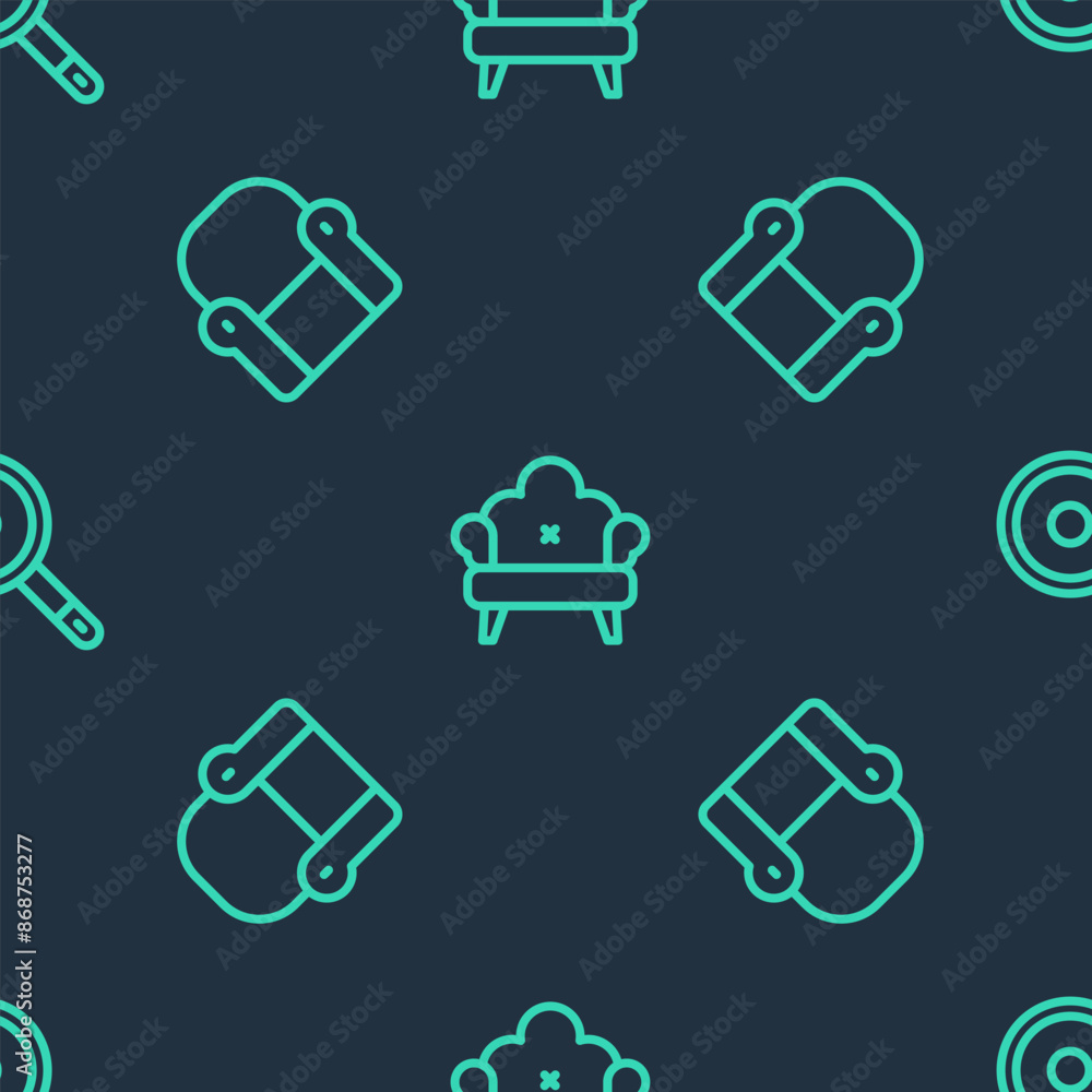 Poster set line sofa, armchair and frying pan on seamless pattern. vector