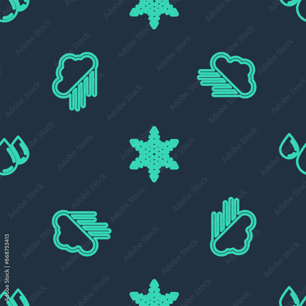 Poster set line snowflake, cloud with rain and water drop on seamless pattern. vector