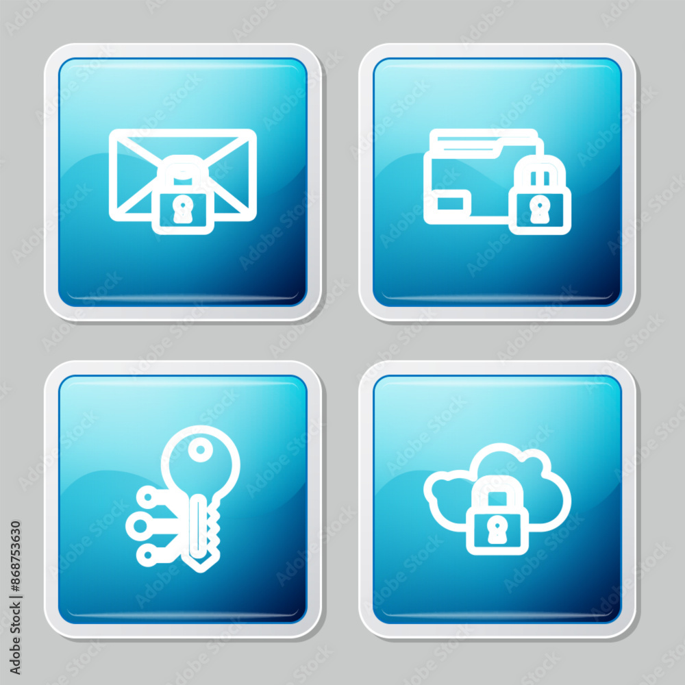 Poster set line mail message lock password, folder and, cryptocurrency key and cloud computing icon. vector