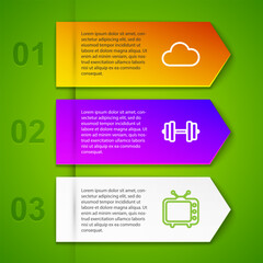 Set line Cloud, Dumbbell, Television tv and Stereo speaker. Business infographic template. Vector
