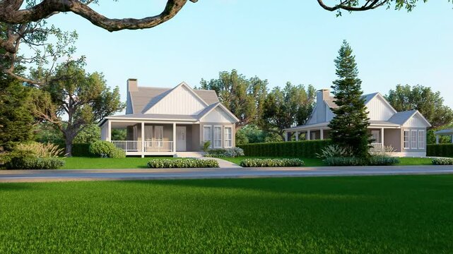 Animation of modern style cottage tiny house in small village 3d render There is a road in front surrounded by nature.