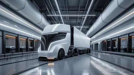 Futuristic electric truck parked in a state of the art warehouse, representing the future of sustainable transportation. The modern interior signifies a new age in business logistics