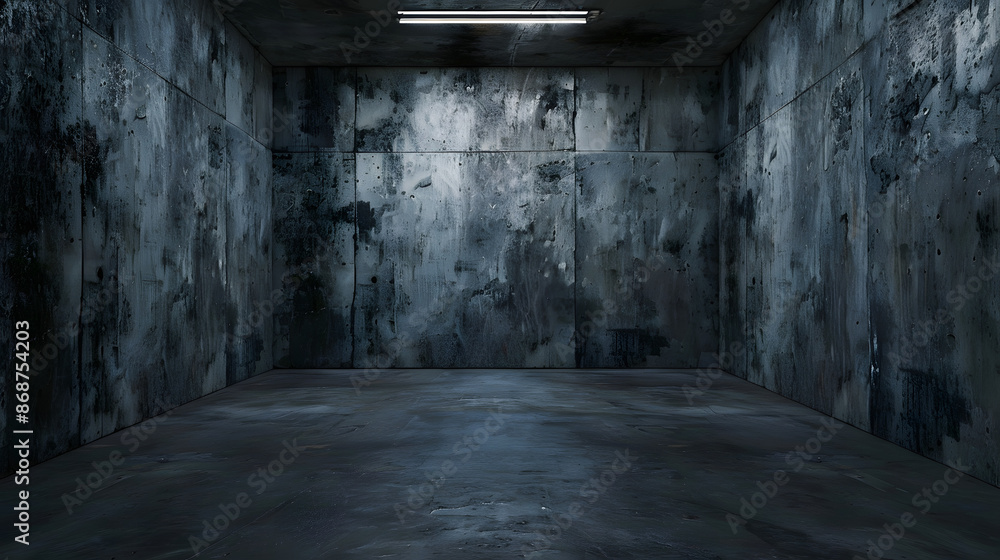 Poster Front camera view of an empty room solid walls, close-up shot, dark, cement walls