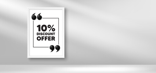 Photo frame banner. 10 percent discount tag. Sale offer price sign. Special offer symbol. Discount picture frame message. 3d comma quotation. Vector