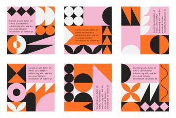 Fototapeta premium Set of colourful poster with geometric shape and line set. abstract elements pattern, design line art, trendy style. Bauhaus illustration with circle, square, triangle. design for cards, invitation
