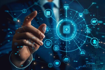 Business integration with digital network icon for online connectivity in high quality photography