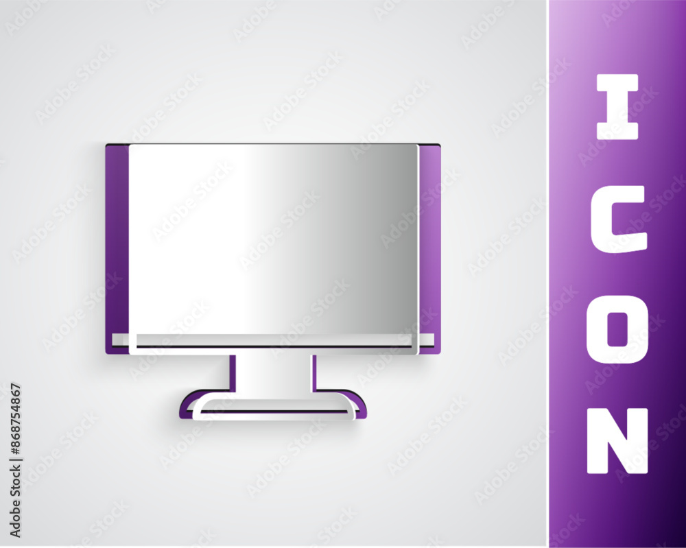 Aufkleber paper cut computer monitor screen icon isolated on grey background. electronic device. front view. p