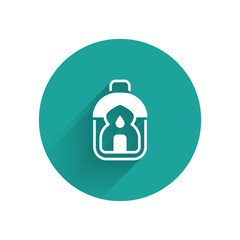 White Ramadan Kareem lantern icon isolated with long shadow background. Green circle button. Vector