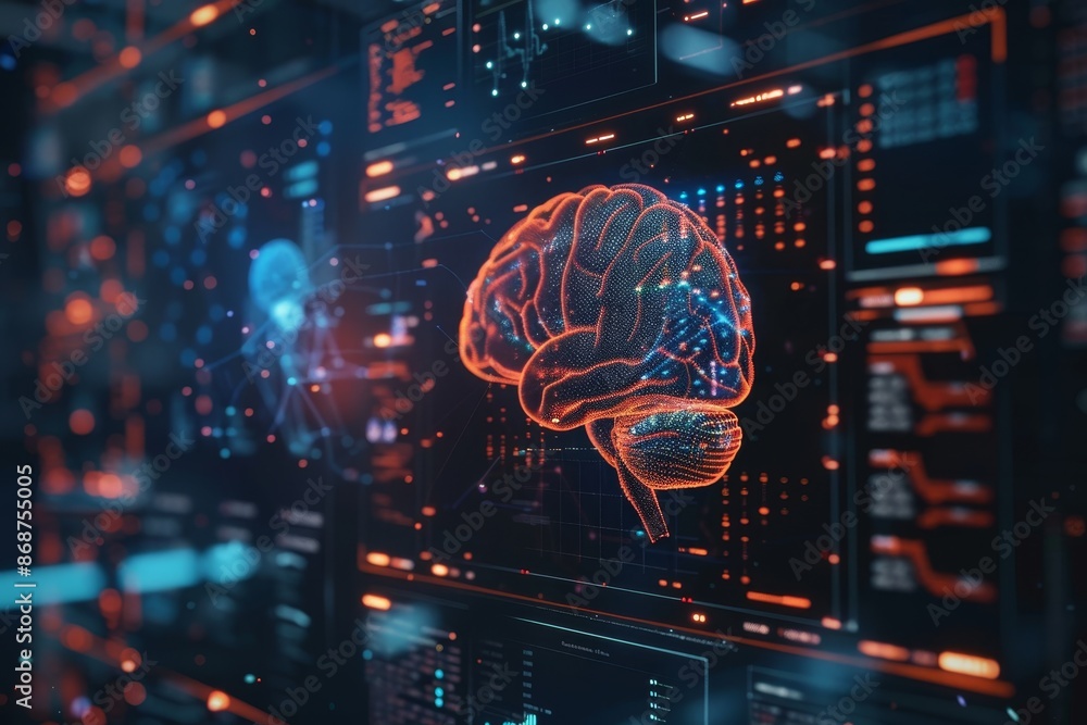 Poster advancements in brain computer interface holographic brain scan surrounded by data visualizations