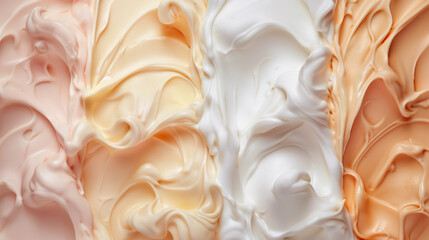 Close up of a row of different delicious creamy italian ice creams. Strawberry, cream, orange, vanilla and peach