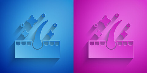 Paper cut Organic essential oil for hair care treatment icon isolated on blue and purple background. Hair growth oil. Paper art style. Vector