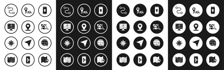 Set Infographic of city map navigation, Map pointer with star, Monitor and folded location, Route, Folded marker, Location the globe and Wind rose icon. Vector