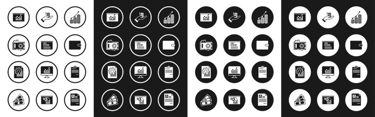 Set Pie chart infographic and coin, Board with resume, Safe money, Wallet, Money hand, Document and icon. Vector