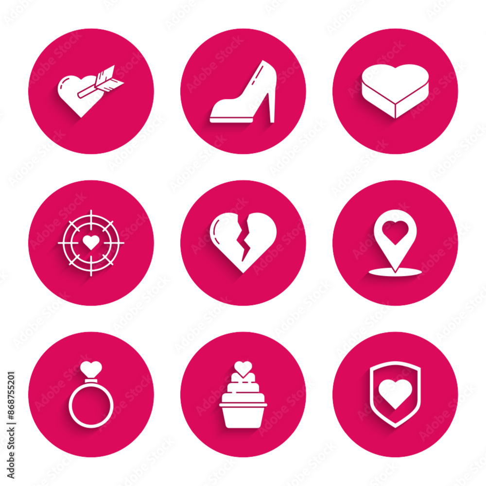 Sticker Set Broken heart or divorce, Heart with shield, Map pointer, Wedding rings, the center of darts target aim, Candy shaped box and Amour arrow icon. Vector