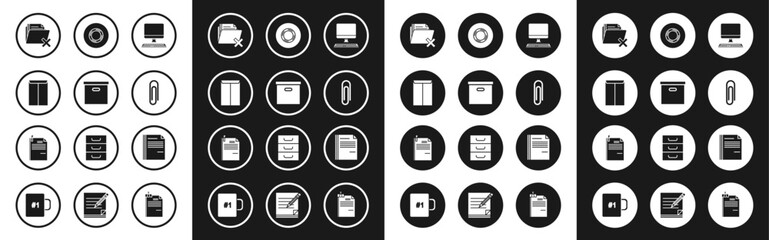 Set Computer monitor with keyboard, Carton cardboard box, Envelope, Delete folder, Paper clip, Scotch, File document and and paper icon. Vector