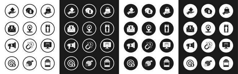 Set Hand and paper shopping bag, Map pointer with star, Envelope coin dollar, Money on hand, Smartphone, mobile phone, Speech bubble, Online concept and Megaphone icon. Vector