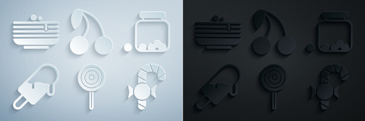 Set Lollipop, Glass jar with candies inside, Ice cream, Christmas candy cane, Cherry and Stack of pancakes icon. Vector
