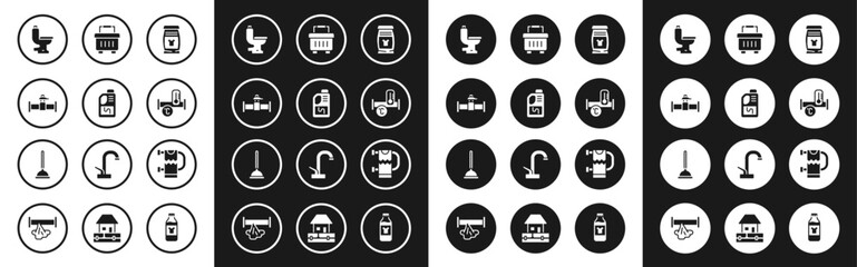 Set Laundry detergent, Drain cleaner bottle, Industry pipe and valve, Toilet bowl, metallic, Toolbox, Heated towel rail and Rubber plunger icon. Vector