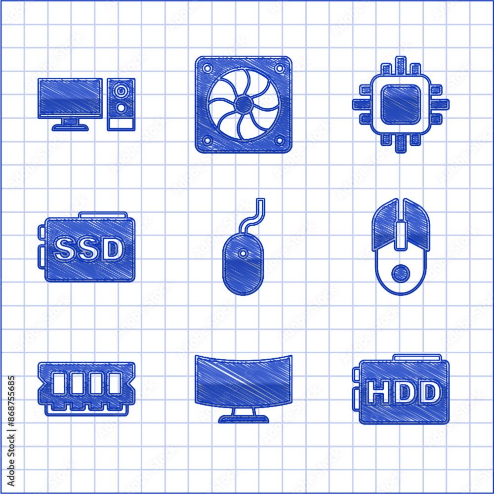 Poster set computer mouse, monitor screen, hard disk drive hdd, ram, random access memory, ssd card, proces