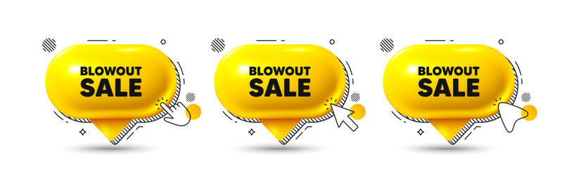 Chat speech bubble 3d icons. Blowout sale tag. Special offer price sign. Advertising discounts symbol. Blowout sale chat offer. Speech bubble banners. Text box balloon. Vector