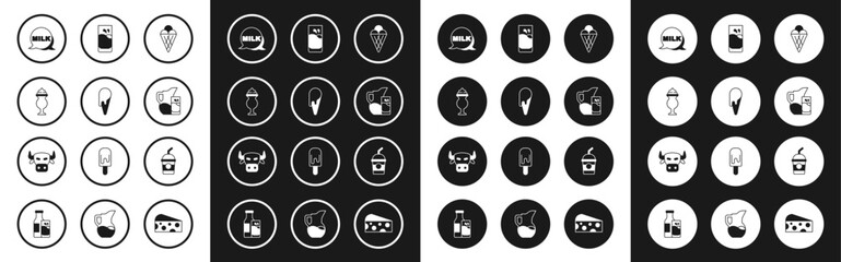 Set Ice cream in waffle cone, Milkshake, Lettering milk, jug or pitcher and glass, Glass with, and Cow head icon. Vector