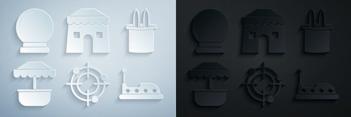 Set Target sport for shooting competition, Magician hat and rabbit ears, Attraction carousel, Bumper, Circus tent and ball icon. Vector