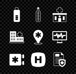 Set Digital thermometer, Medical, Hospital building, Emergency - Star of Life, signboard, Patient record, and Location hospital icon. Vector